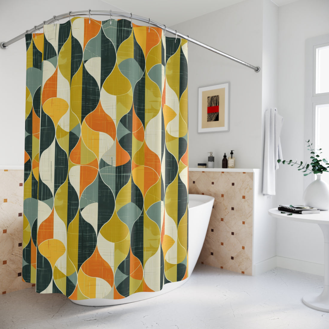 Mid Mod Scandinavian Leaves, Orange, Green, Blue, Mustard Yellow Cheery Retro Shower Curtain - Mid Century Modern Gal