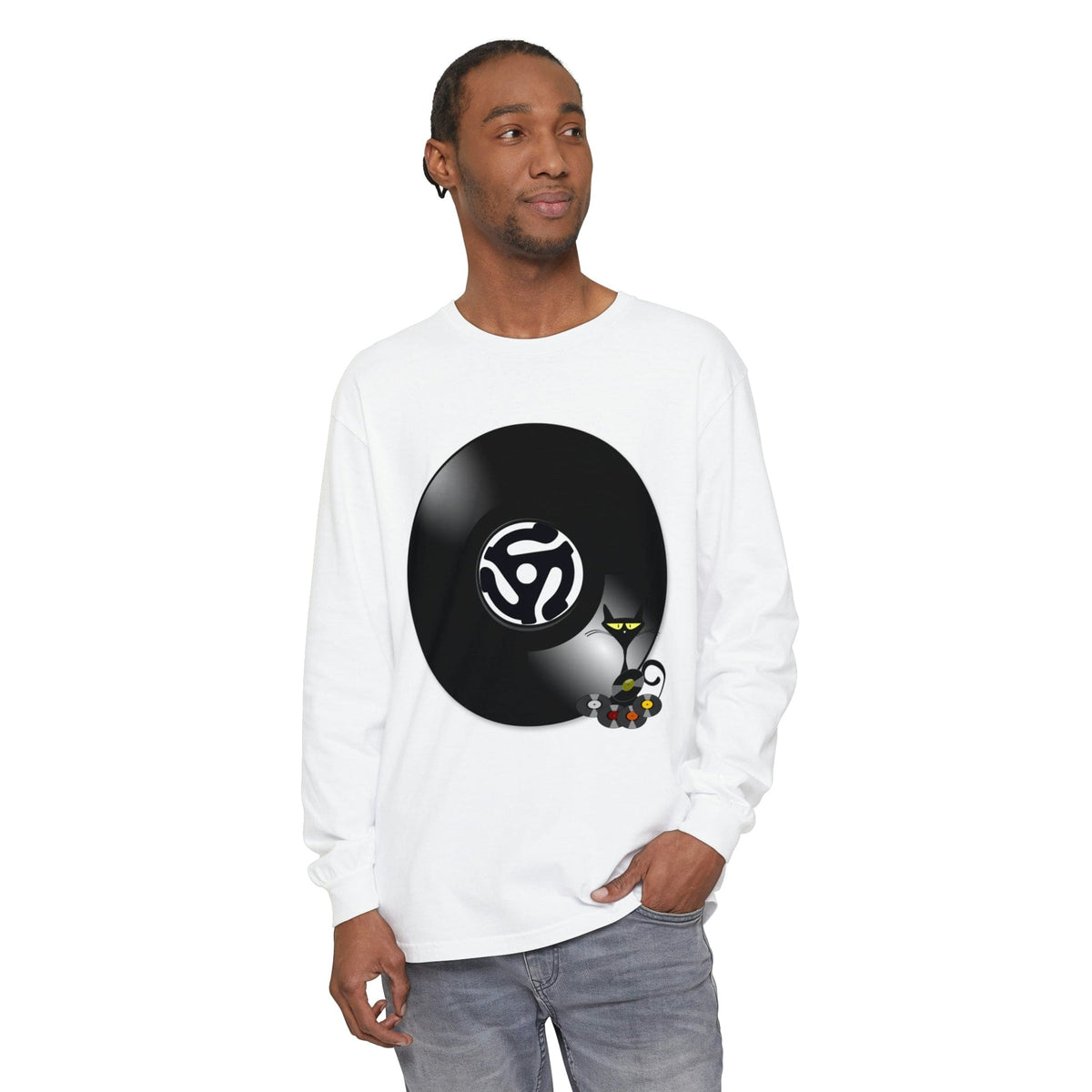 45 Rpm Vinyl Record, Cool Atomic Cat, Music Lover, DJ Spinning Unisex Long Sleeve T-Shirt Long-sleeve