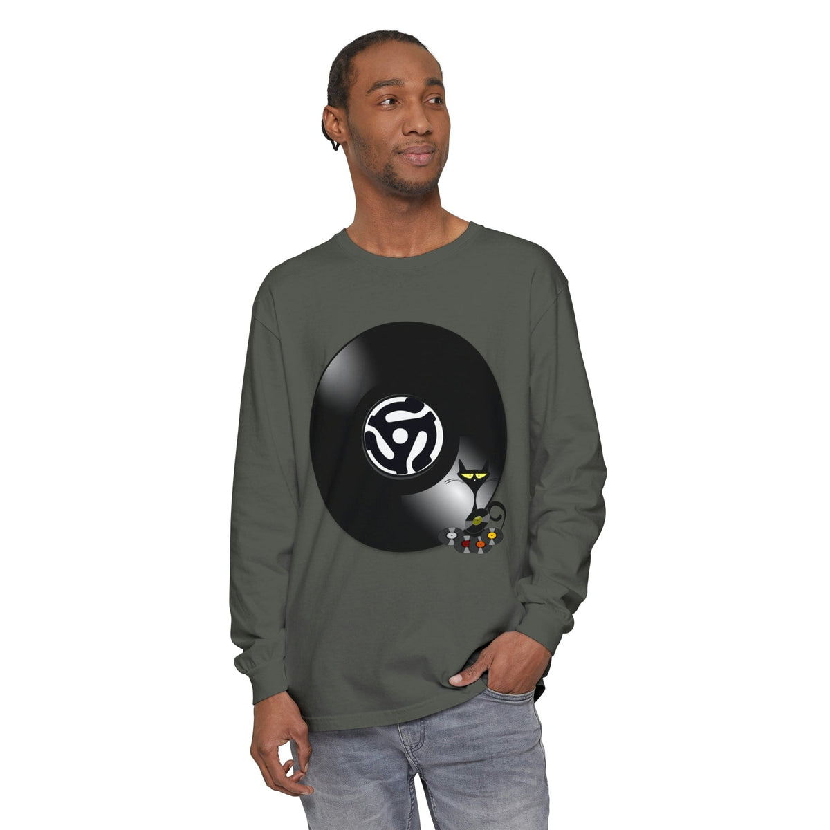 45 Rpm Vinyl Record, Cool Atomic Cat, Music Lover, DJ Spinning Unisex Long Sleeve T-Shirt Long-sleeve