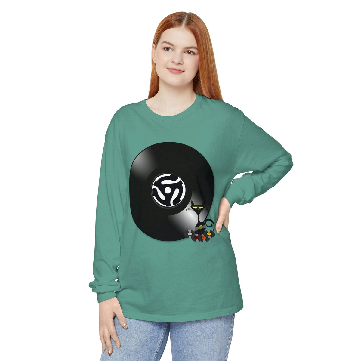 45 Rpm Vinyl Record, Cool Atomic Cat, Music Lover, DJ Spinning Unisex Long Sleeve T-Shirt Long-sleeve