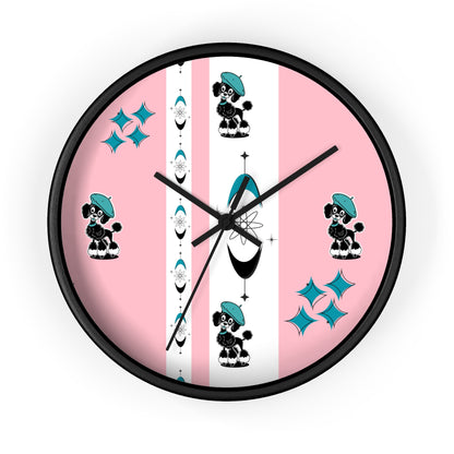 Mid Century Modern Atomic Pink Starburst Wall Clock with Cute Retro Mod Poodle Design - Mid Century Modern Gal
