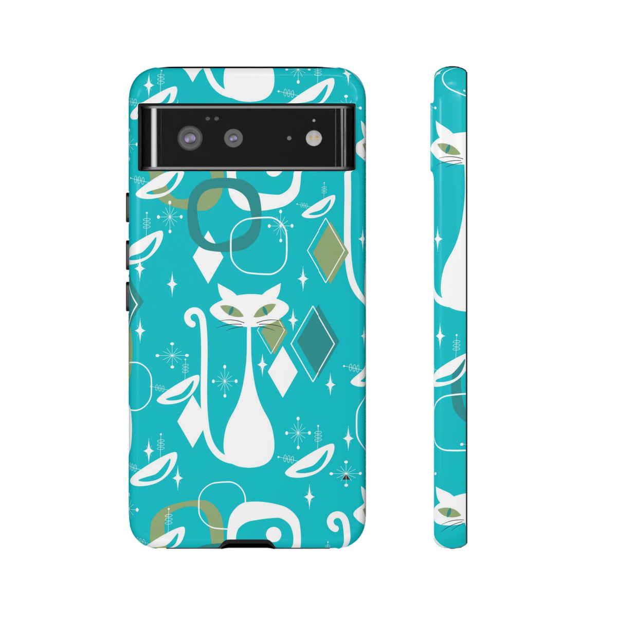 Atomic Cat Space Designs, Mid Century Modern, Aqua, White Kitschy Cat Tough Phone Case