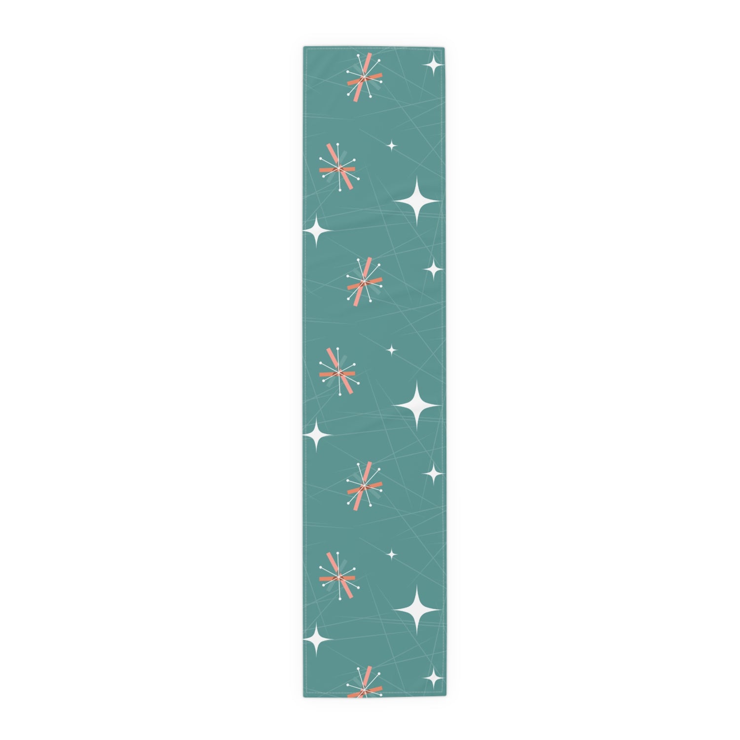 Mid Century Modern, Kitchen, Dining, Table Runner, Teal Blue, Pink, Abstract Starburst MCM Designs