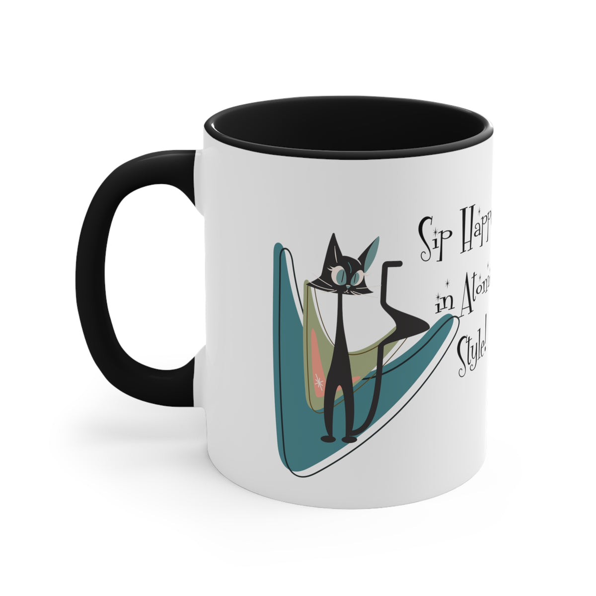 Atomic Cat, Mid Century Modern Drinkware, Coffee Mug, Sip Happens, Retro Boomerang, Kitschy Funny Coffee Lover Gifts - Mid Century Modern Gal