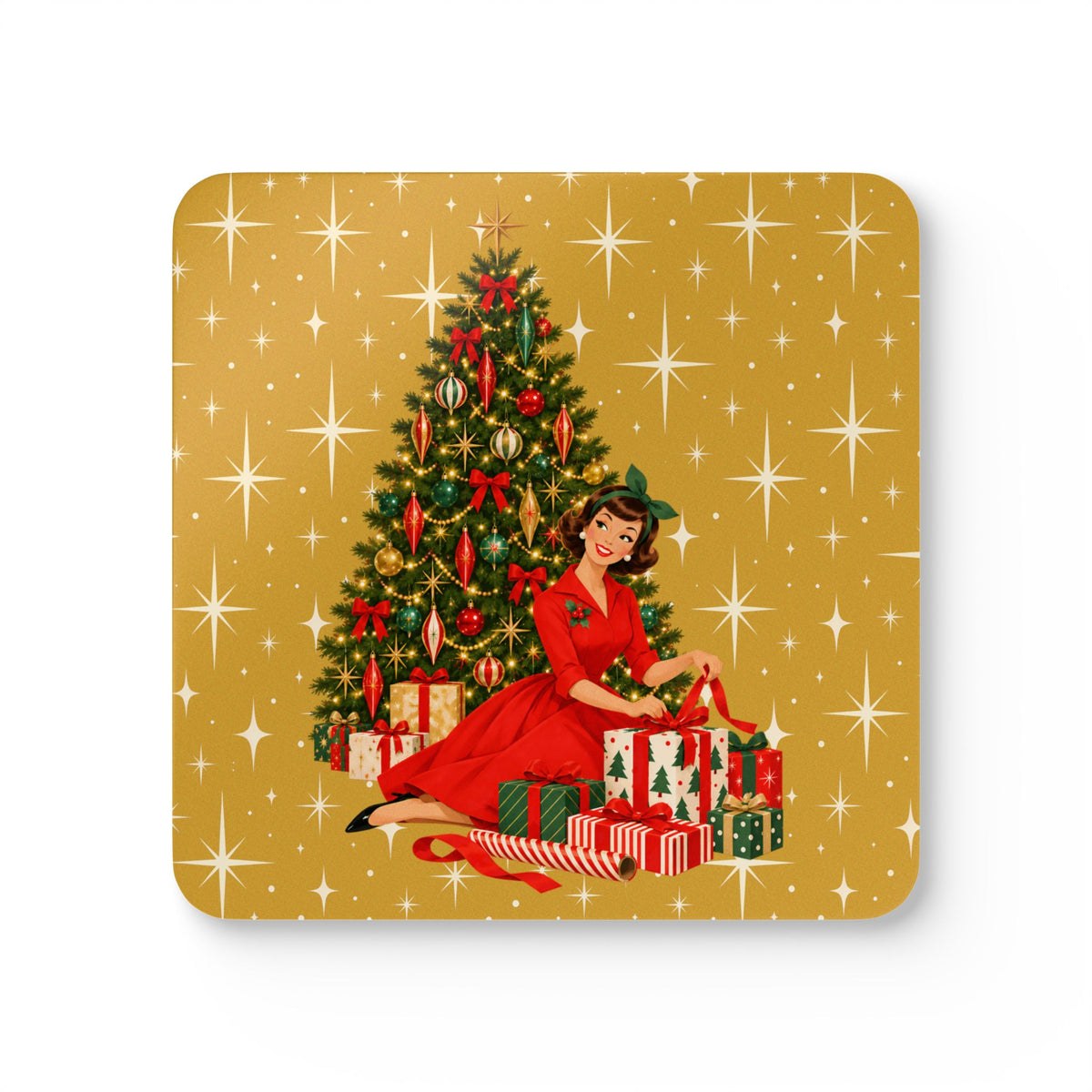 Mid Century Modern Christmas Glamour Gal Wrapping Presents by Tree, Gold Atomic Starbursts Corkwood Coaster Set