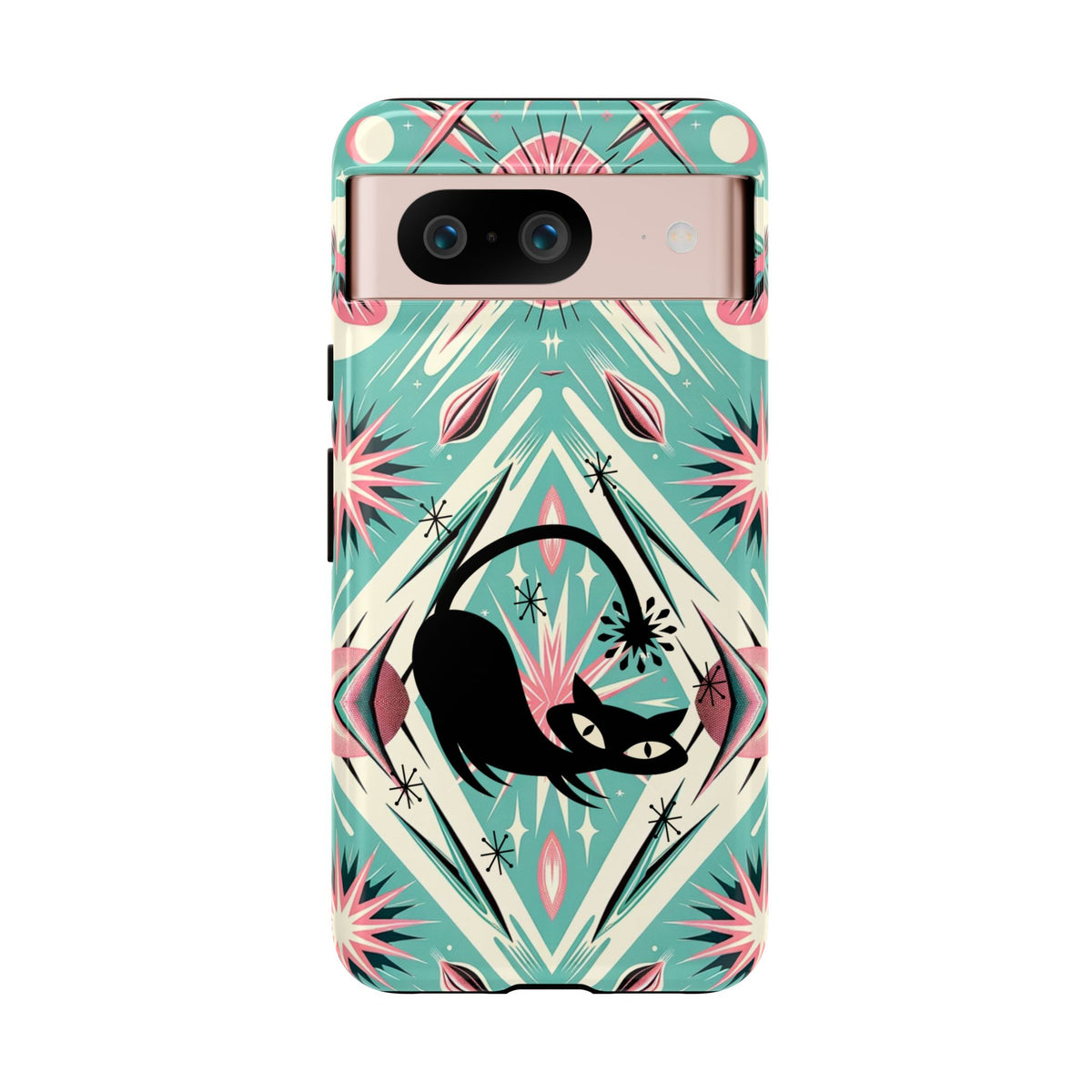 Atomic Cat, Mid Century Modern Aqua Blue, Pink, Starbursts Tough Phone Case