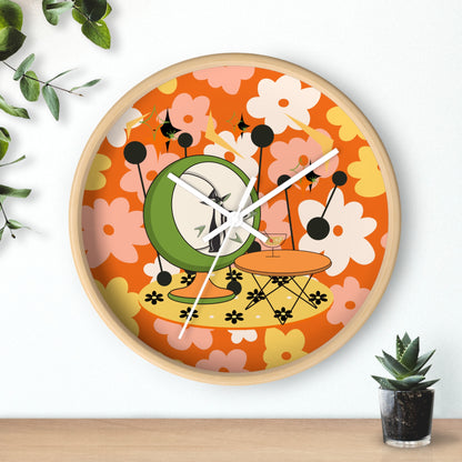 Atomic Cat Mid Century Modern Groovy Retro Floral Cat Wall Clock - Vintage Home Decor - Mid Century Modern Gal