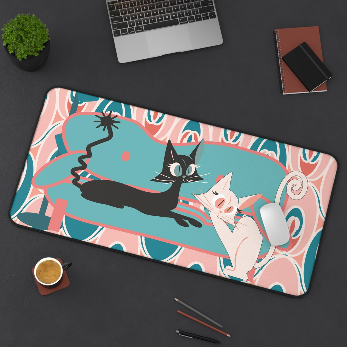Mid Century Modern Atomic Cat Desk Mat, Pink, Teal, Cute And Kitschy Retro Office Decor - Mid Century Modern Gal