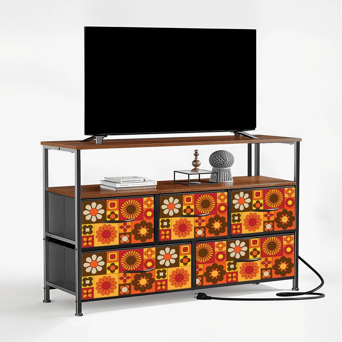Retro 70s Mod Floral Orange Brown Yellow Mid Mod Hip TV Stand Media Console - Mid Century Modern Gal