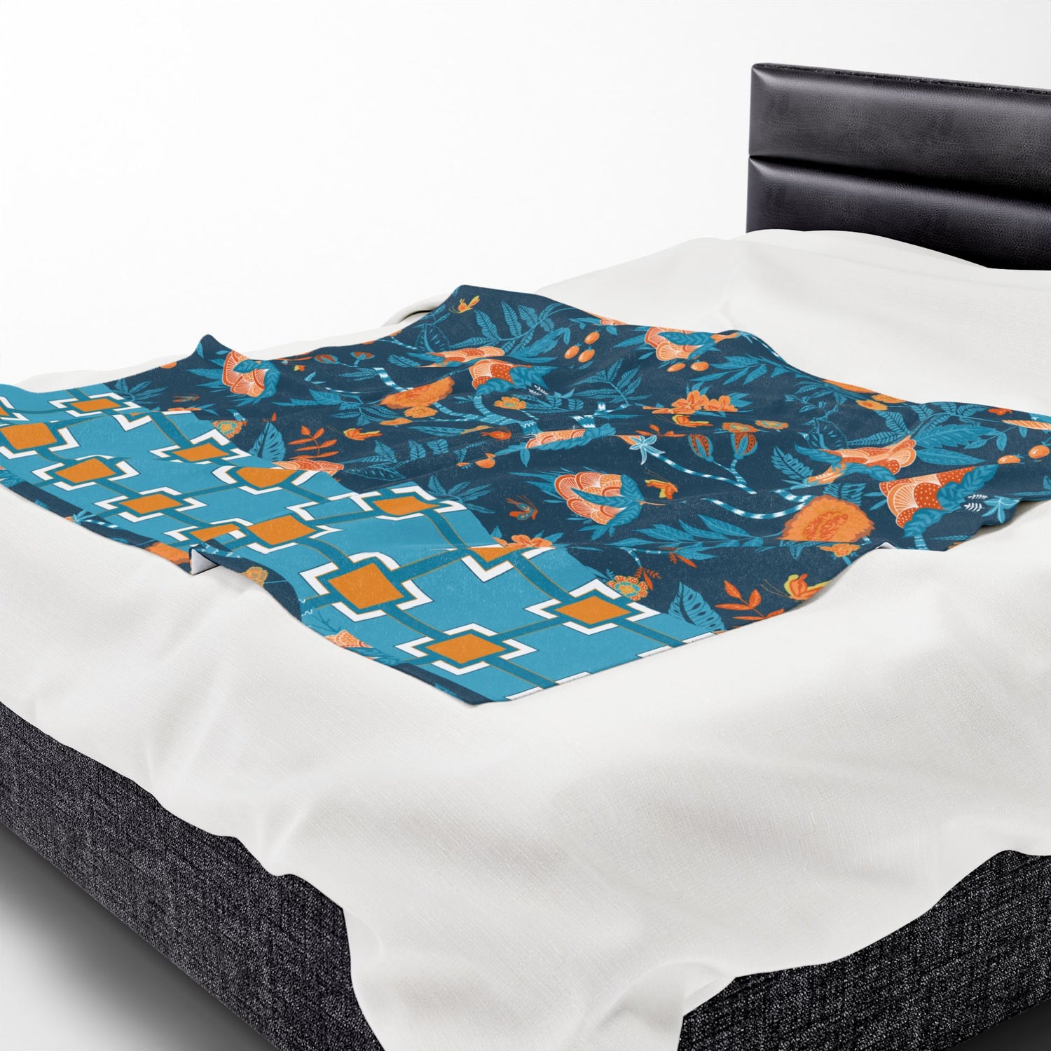 Chinoiserie Throw Blanket Blue, Orange Tropical Floral Velveteen Plush Blanket - Cozy Home Decor for All Seasons - Mid Century Modern Gal