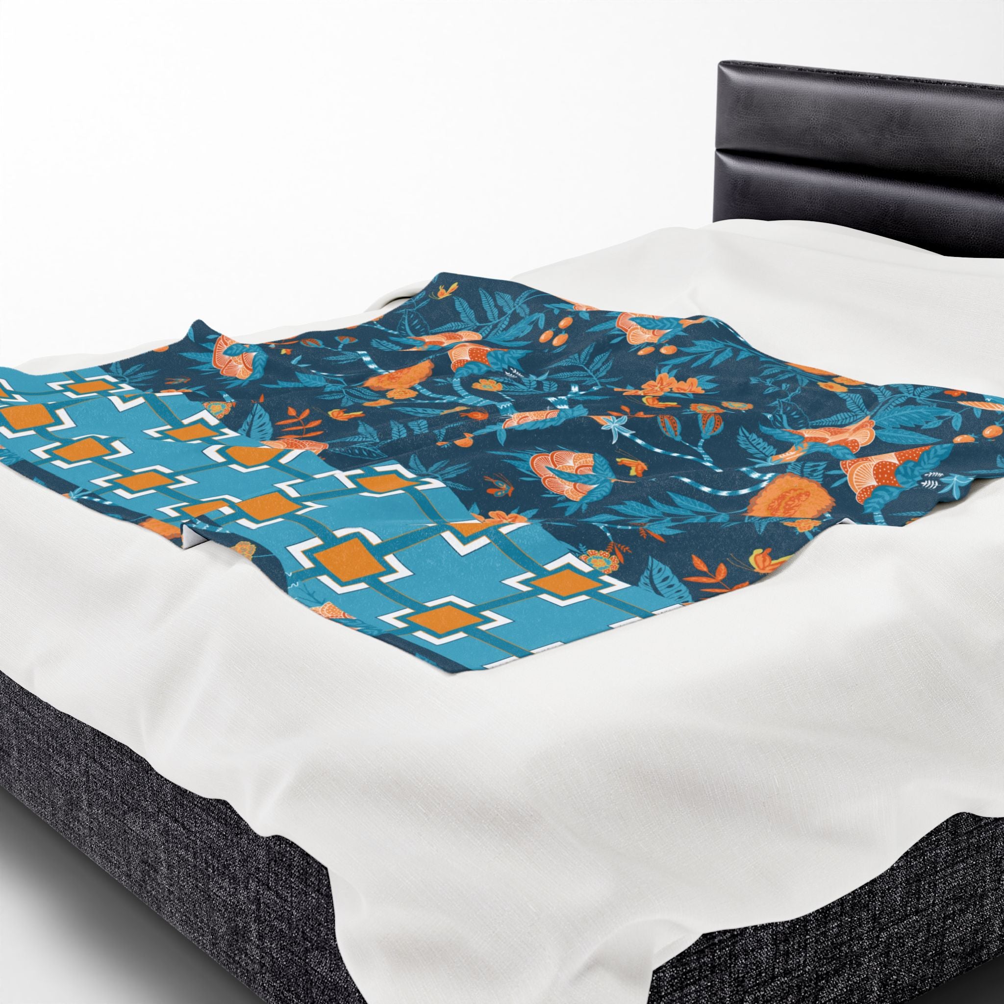 Chinoiserie Throw Blanket Blue, Orange Tropical Floral Velveteen Plush Blanket - Cozy Home Decor for All Seasons - Mid Century Modern Gal
