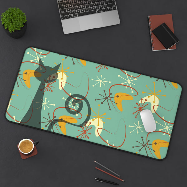 Atomic Cat Boomerang Retro Mid Century Modern Green, Brown, Yellow, Beige MCM Home Decor Desk Mat