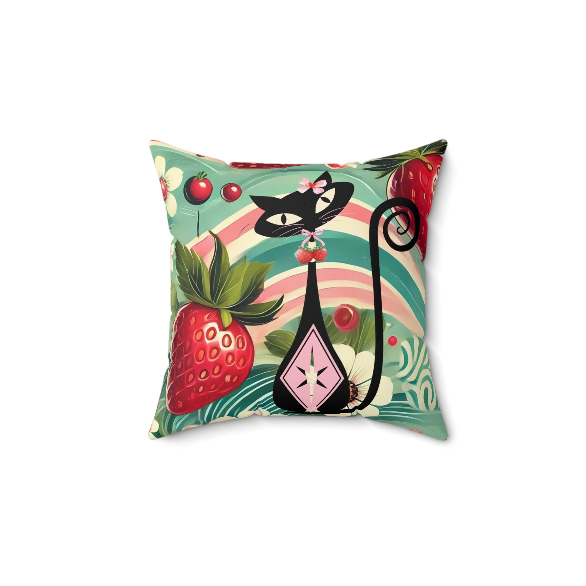 Whimsical Atomic Cat &amp; Strawberry Decorative Pillow - Cozy Home Accent - Mid Century Modern Gal