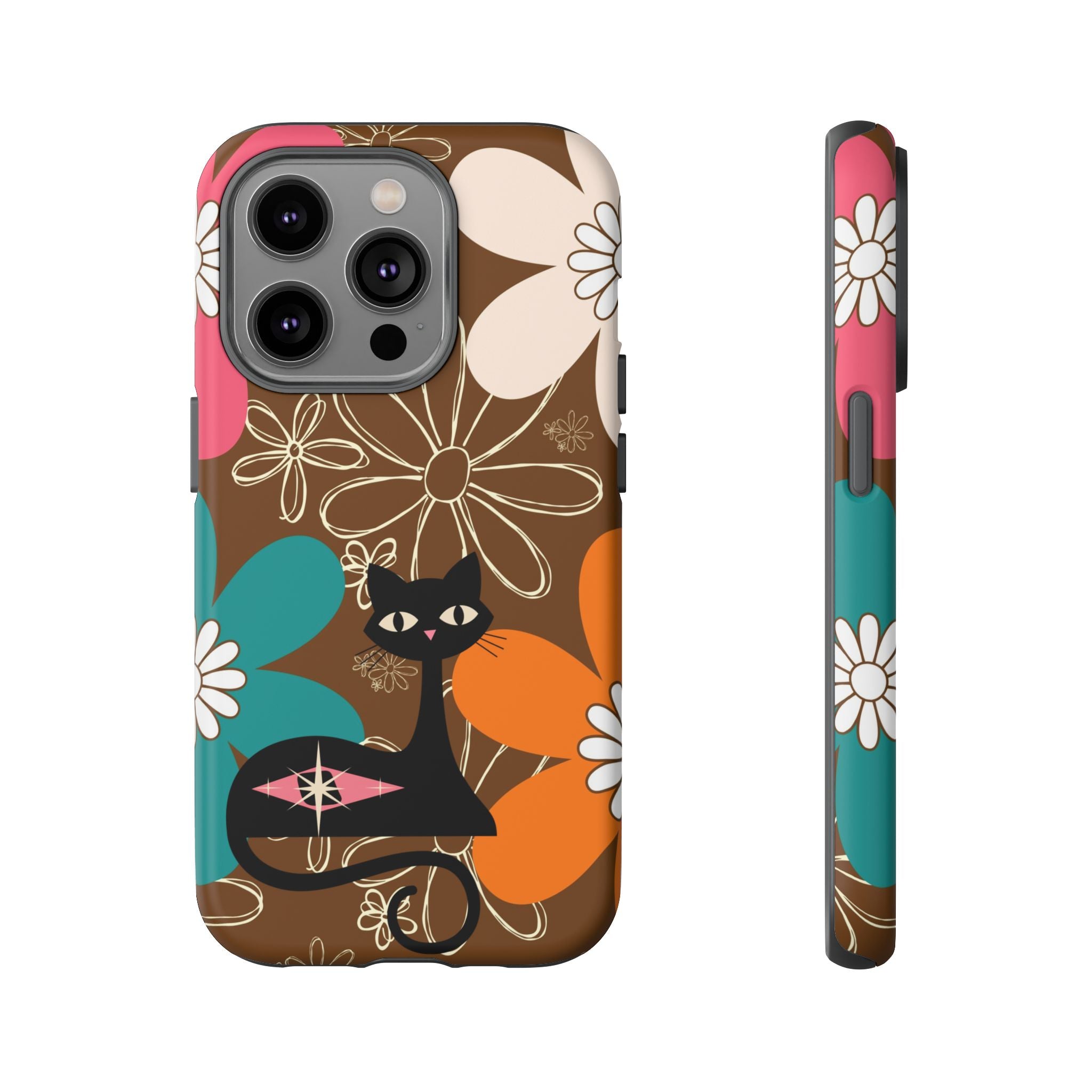 Atomic Cat Retro 70s Vibe Flower Power Tough Cases: Cute Floral and Cat Phone Case for Cat Lovers - Mid Century Modern Gal