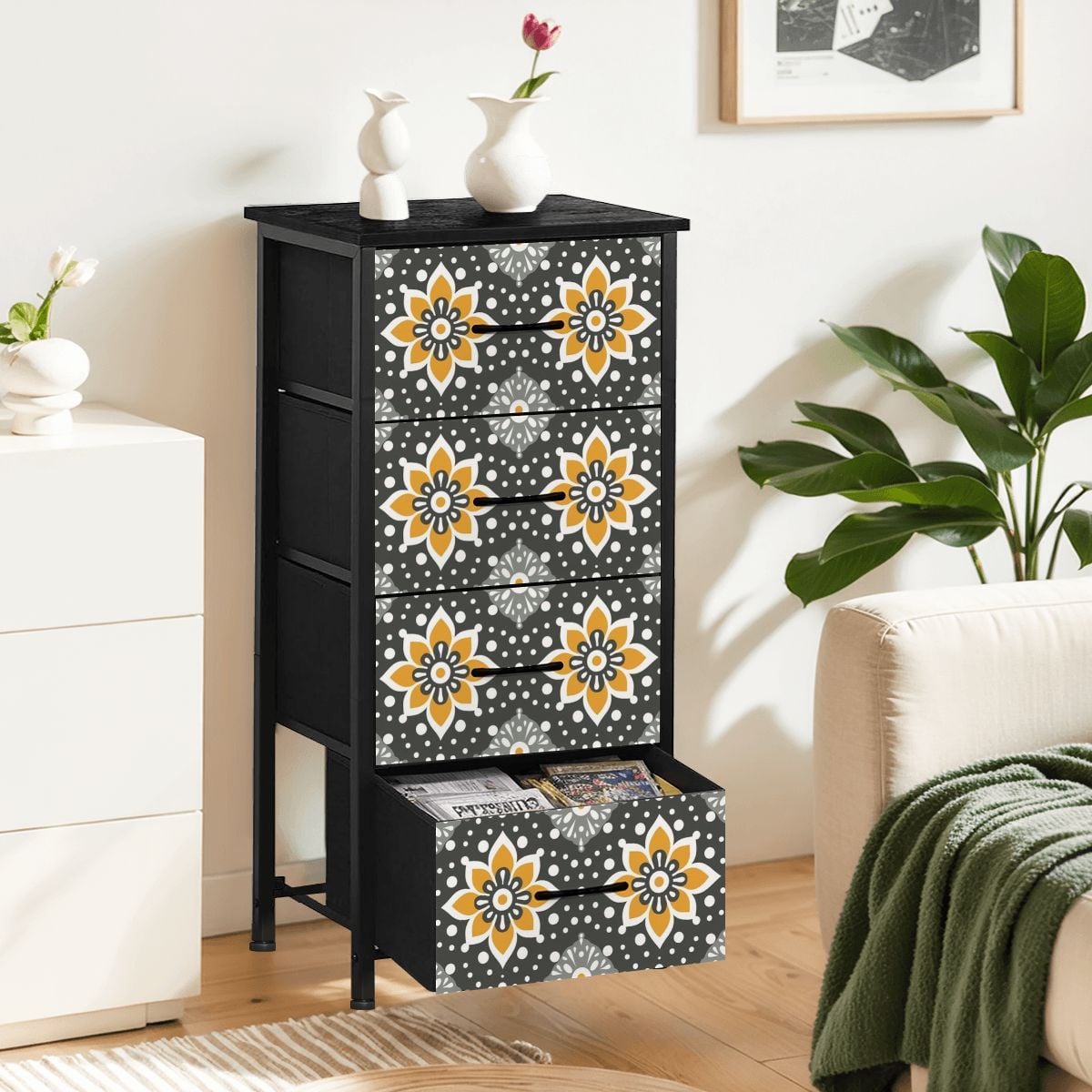 Floral Bohemian Retro Gray Yellow Modern 4-Drawer Dresser - Mid Century Modern Gal
