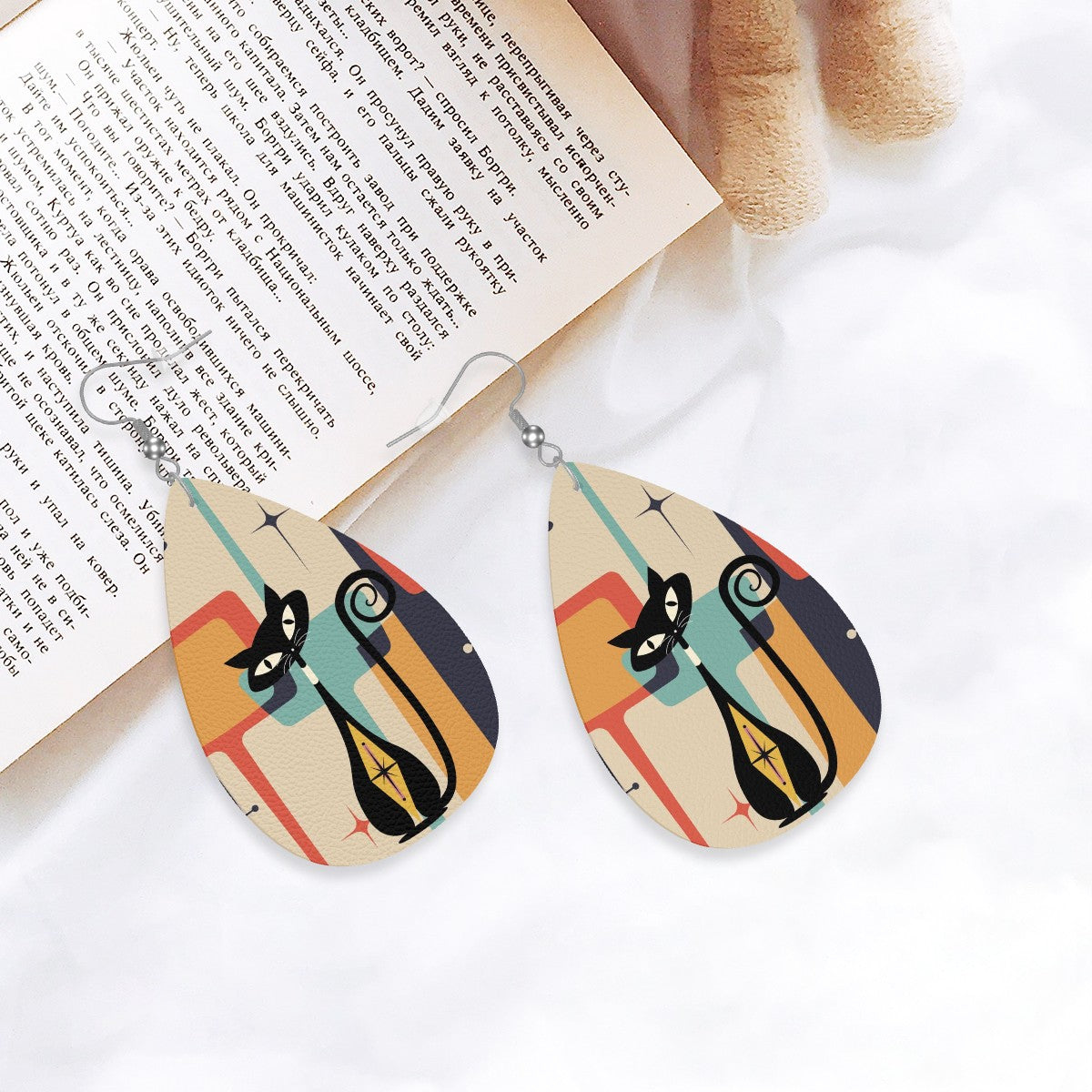 Retro Mod Atomic KIttie Kitschy Cute Vegan Leather Teardrop Earrings - Mid Century Modern Gal