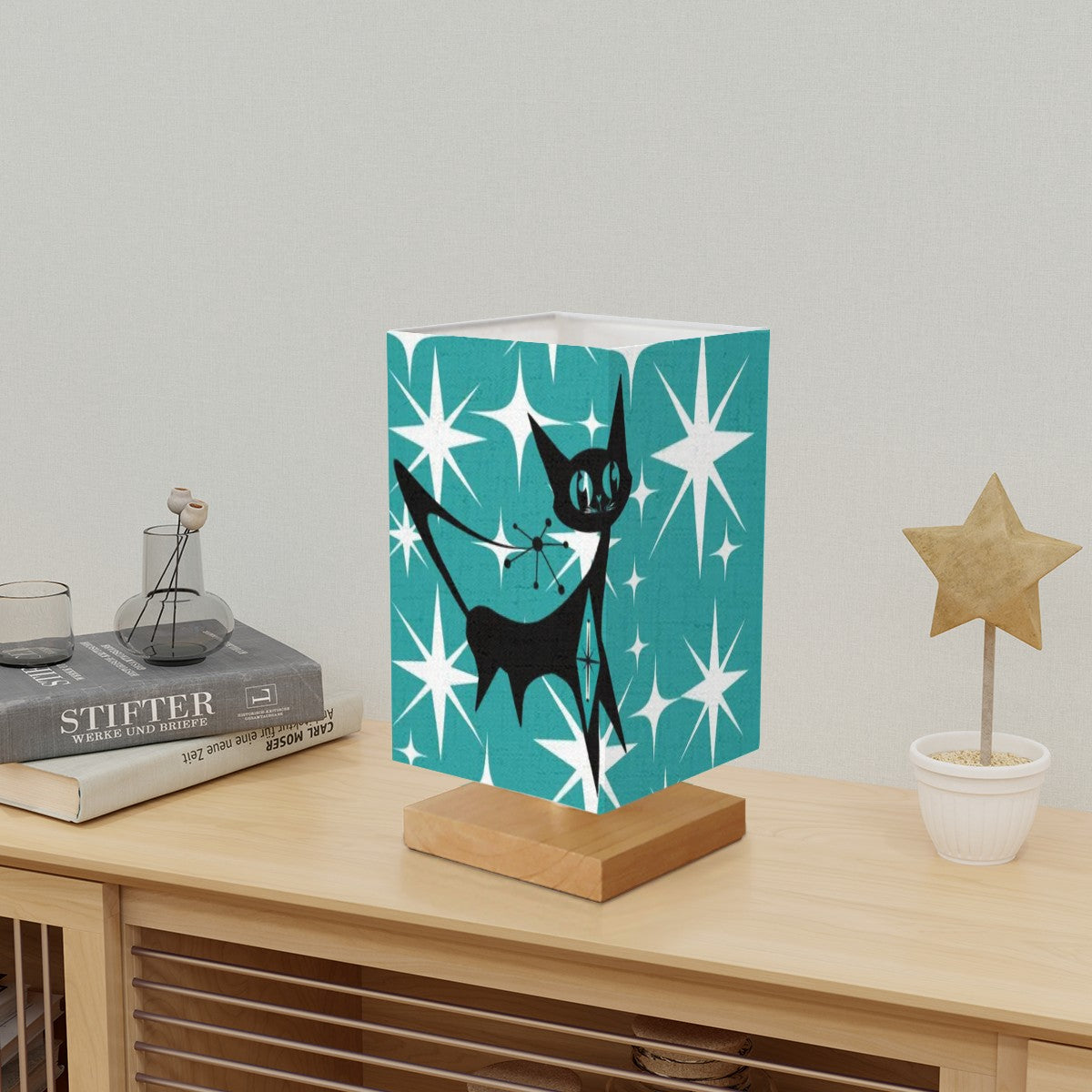 Atomic Cat Starburst Aqua Kitschy Mid Mod Square Table Lamp - Mid Century Modern Gal