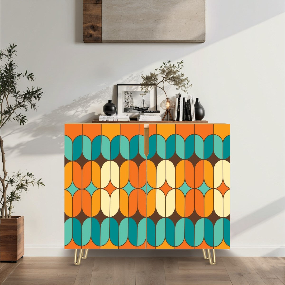 Mid Century Modern Wooden Storage Cabinet, Orage, Teal Geometric Designed Side Board