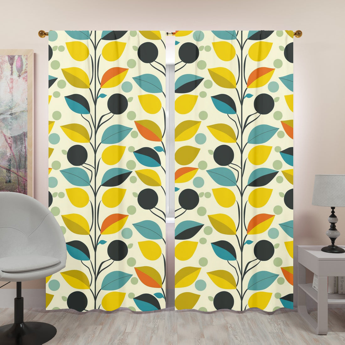 Mid Century Modern Scandinavian Yellow, Aqua, Orange, Mid Mod Retro Window Curtains (two panels) - Mid Century Modern Gal