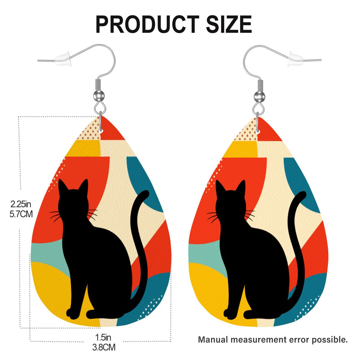 Pop Art Black Atomic Cats, Red Blue Yellow, Vegan Leather Teardrop Earrings - Mid Century Modern Gal