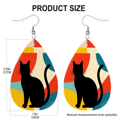 Pop Art Black Atomic Cats, Red Blue Yellow, Vegan Leather Teardrop Earrings - Mid Century Modern Gal