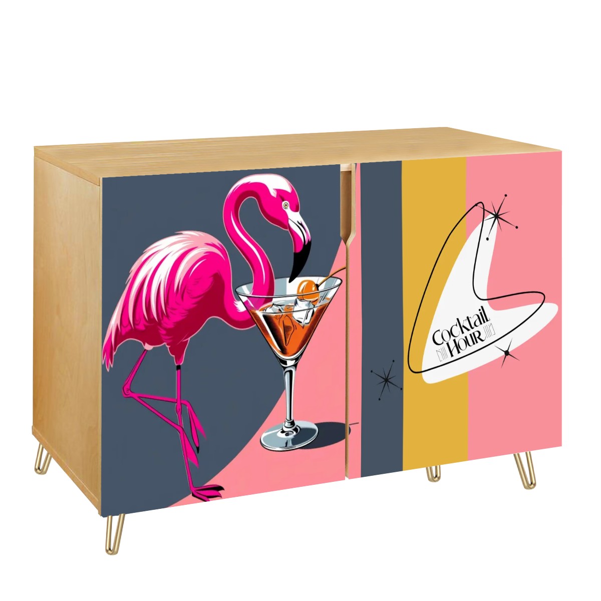 Mid Century Modern Bar Credenza, Cocktail Hour Pink Kitschy Flamingo, MCM Wooden Storage Cabinet - Mid Century Modern Gal