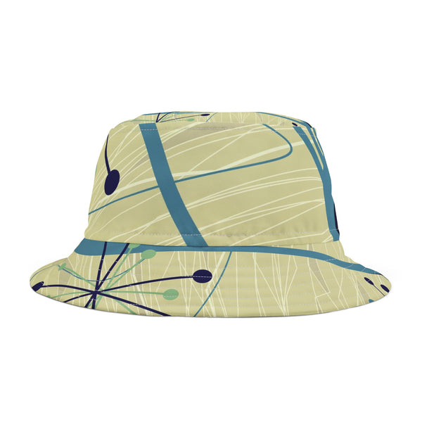 Atomic Space Retro Unisex Bucket Hat, Green, Blue Boomerang Starbursts Mod Hat