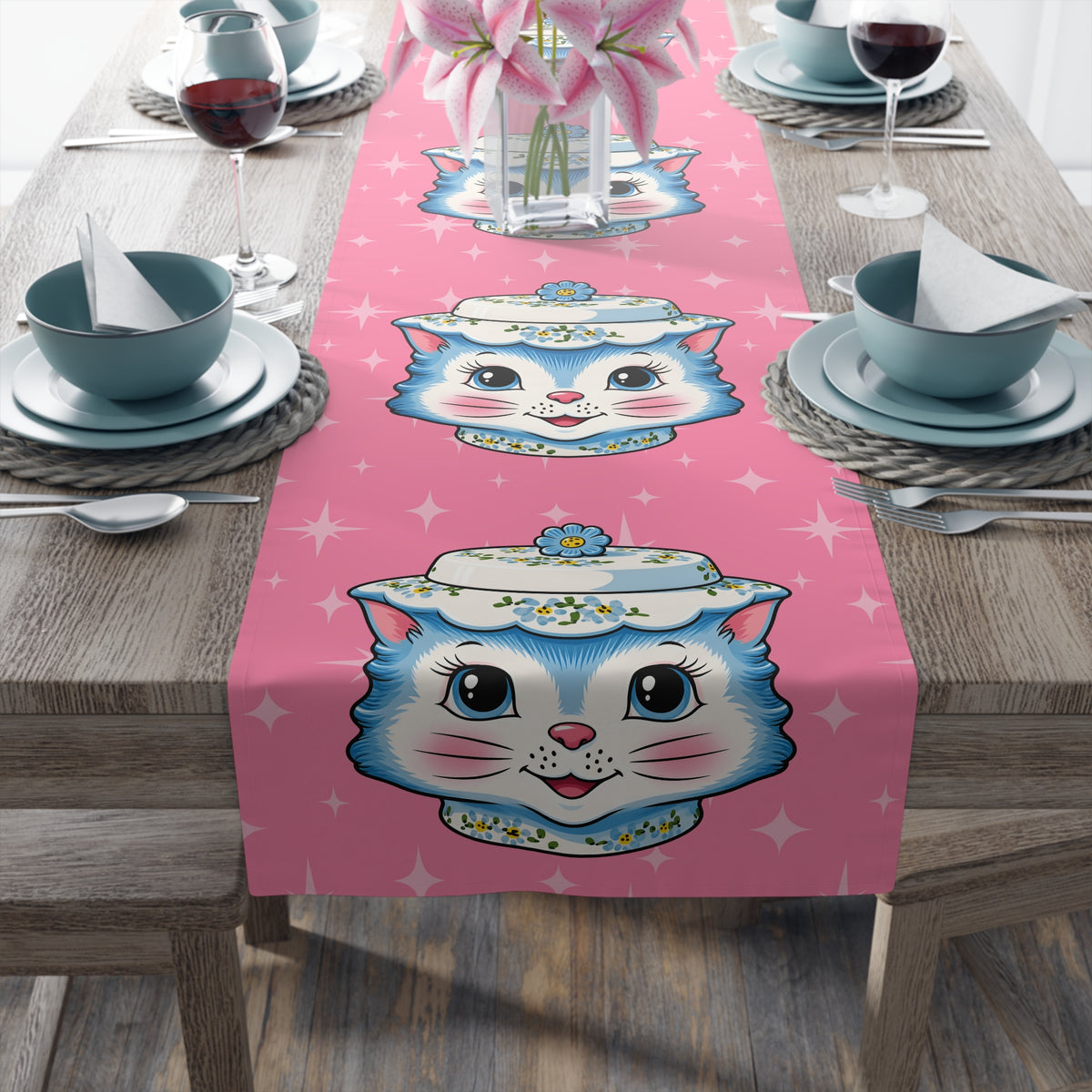 Mid Century Modern Kitschy Anthropomorphic Blue Cat with Floral Hat Table Runner - Mid Century Modern Gal