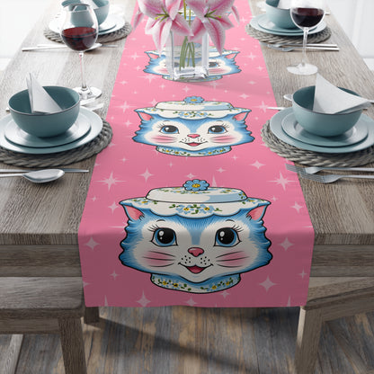 Mid Century Modern Kitschy Anthropomorphic Blue Cat with Floral Hat Table Runner - Mid Century Modern Gal