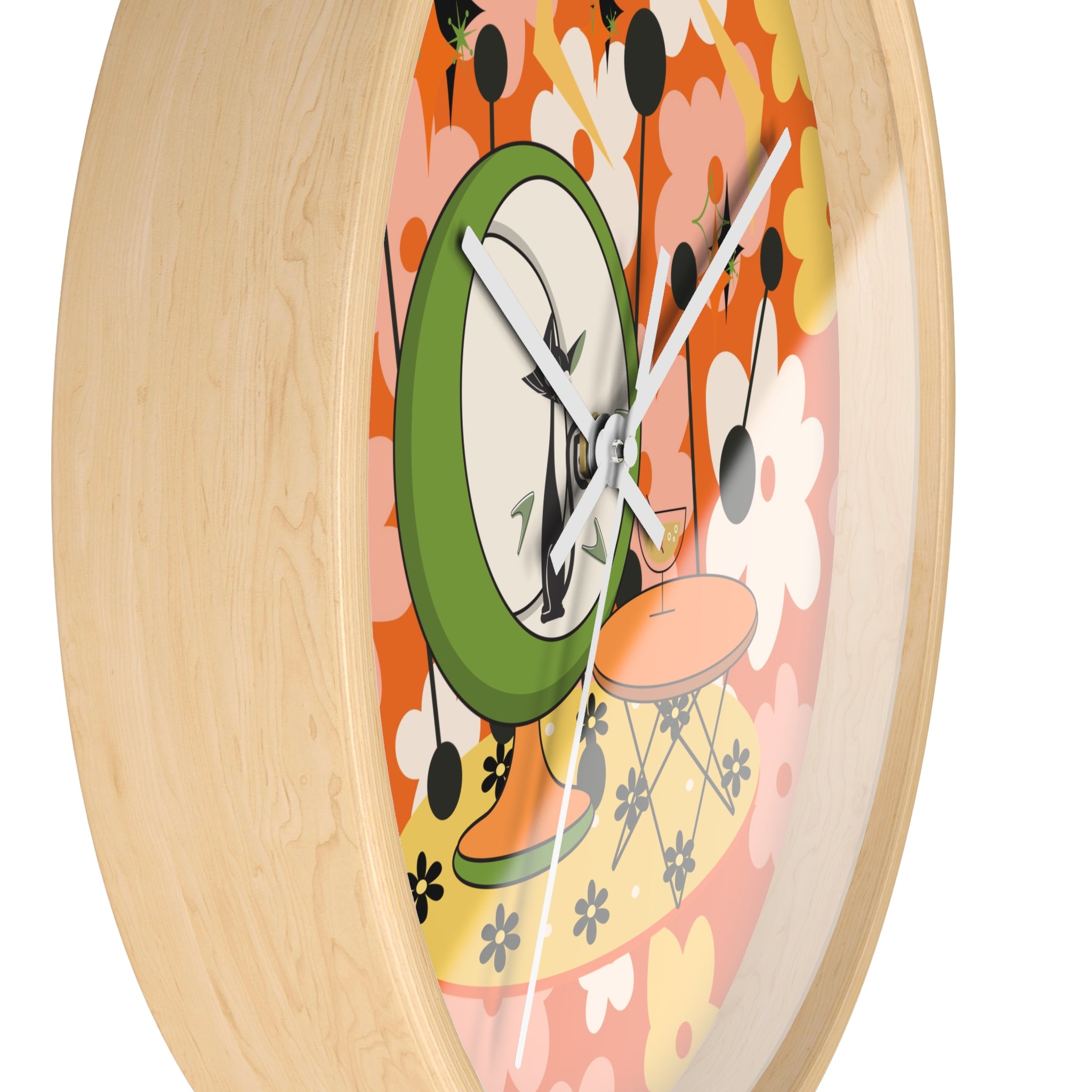 Atomic Cat Mid Century Modern Groovy Retro Floral Cat Wall Clock - Vintage Home Decor - Mid Century Modern Gal