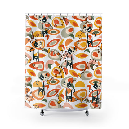 Atomic Cat Kitschy Shower Curtain, Orange Yellow Geometric MID Mod Bath Decor - Mid Century Modern Gal