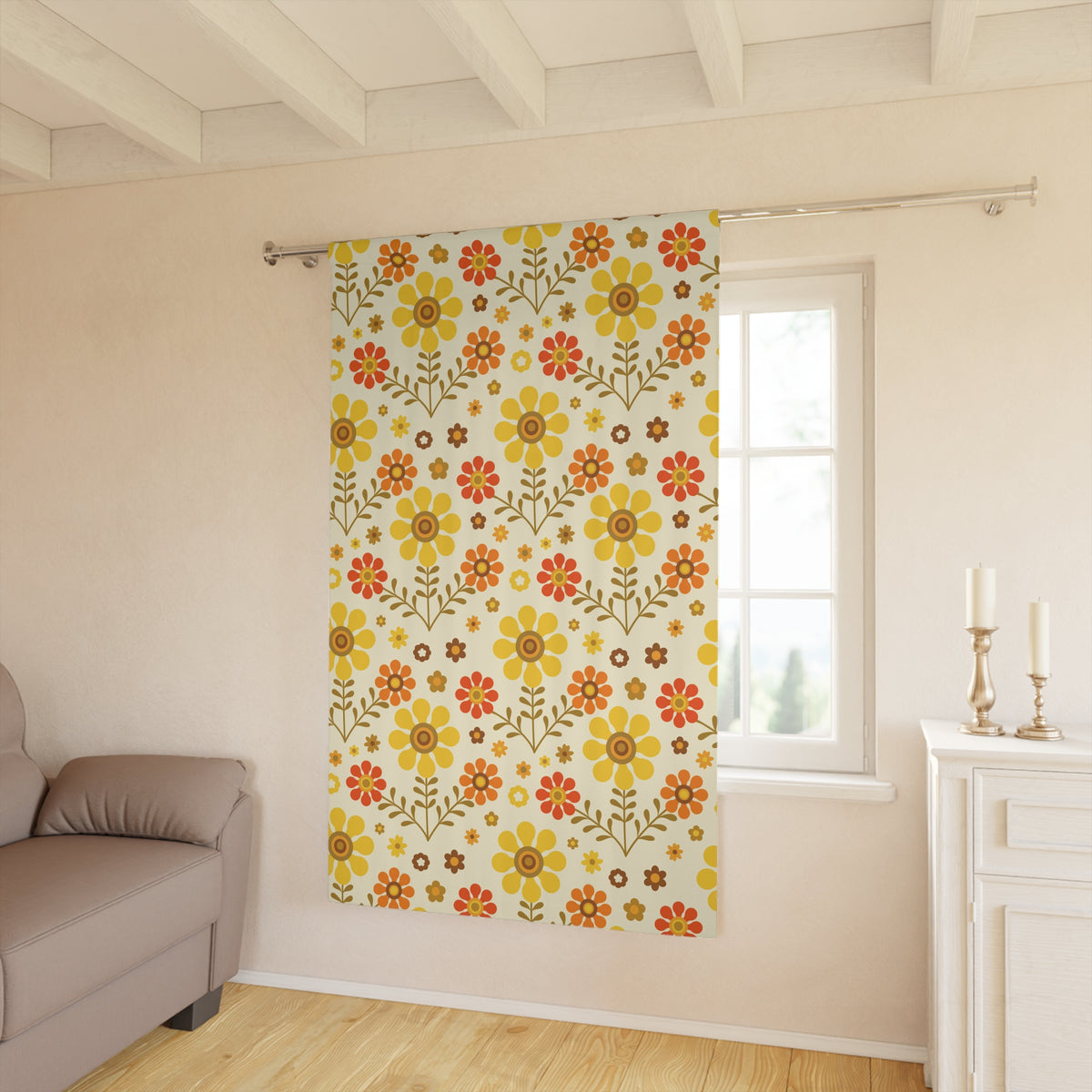 Flower Power Golden Yellow, Orange Mod Daisy 70s Retro Window Curtains (1 Piece) - Mid Century Modern Gal