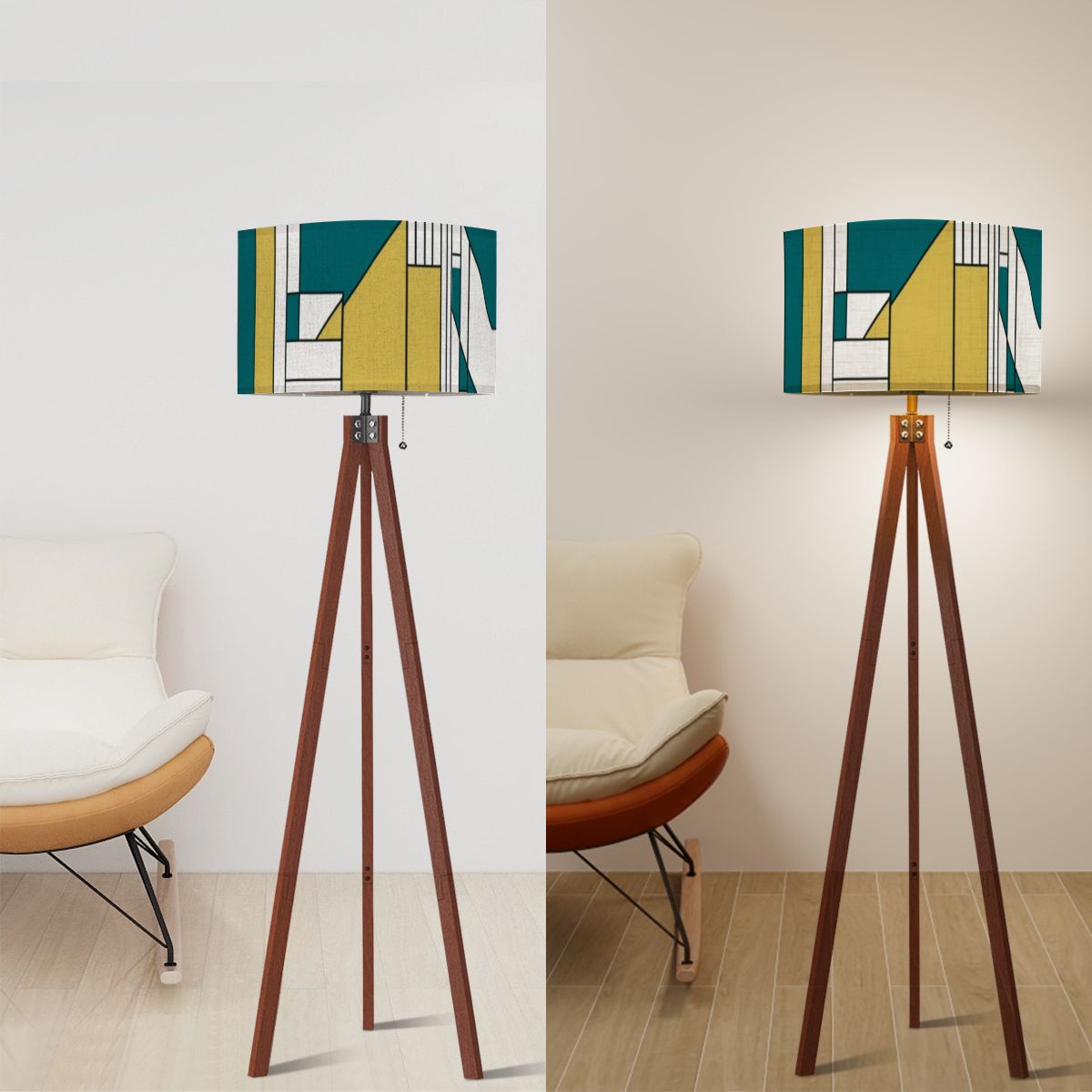 Mid Century Modern Bauhaus Green, Teal Geometric Designed Mod Tripod Floor Lamp - Mid Century Modern Gal
