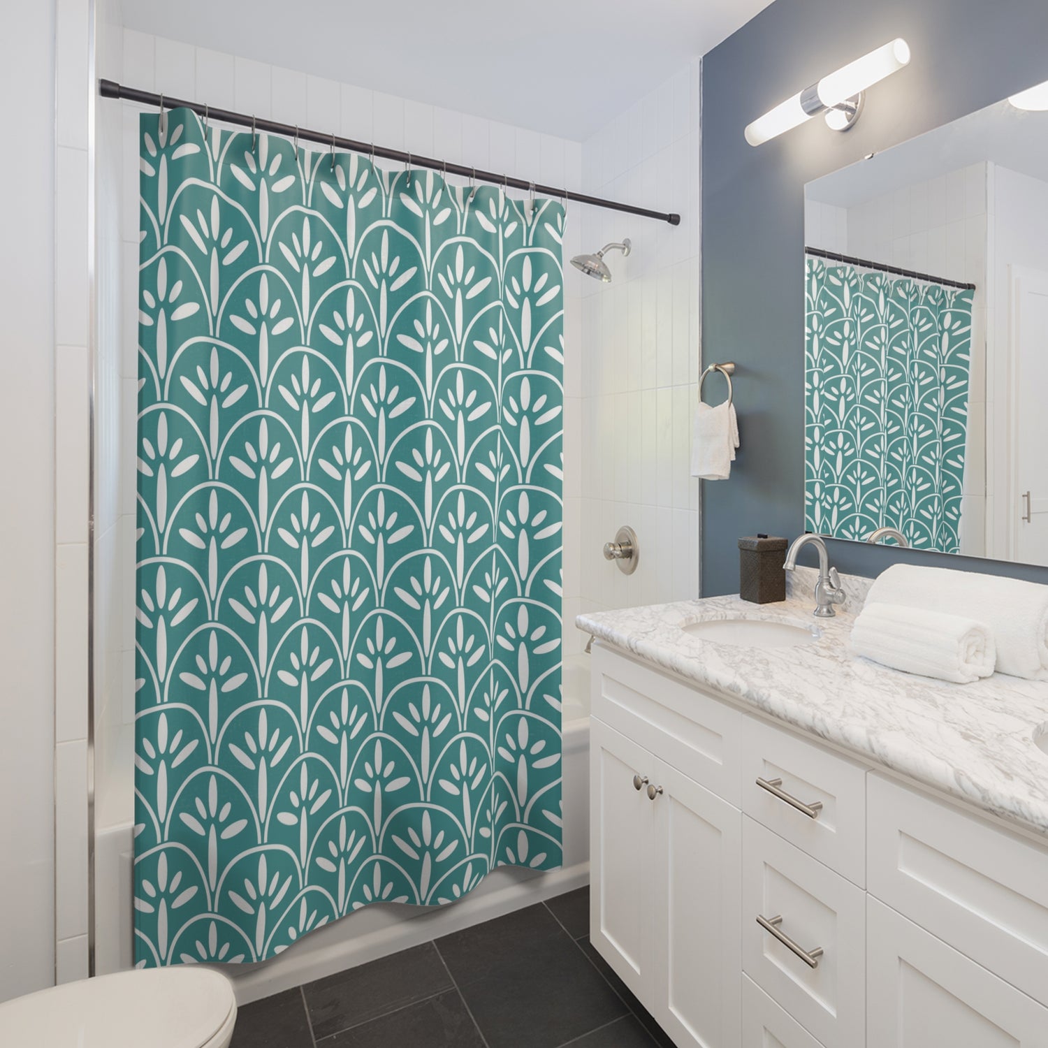 Art Deco Blue Elegant Botanical Shower Curtain – Stylish Home Decor for Relaxing Bathrooms - Mid Century Modern Gal