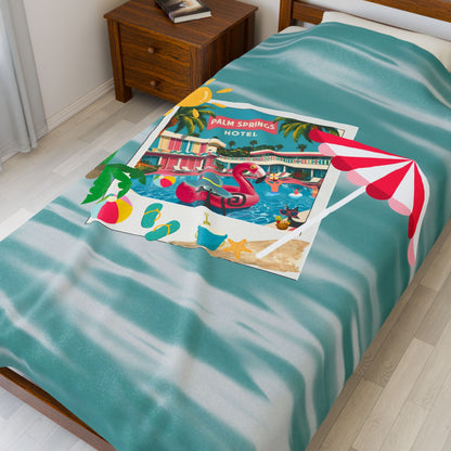 Palm Springs Hotel Retro Mod Flamingo And Atomic Cats, Tropical Getaway Velveteen Plush Blanket - Perfect for Beach Days and Cozy Nights - Mid Century Modern Gal
