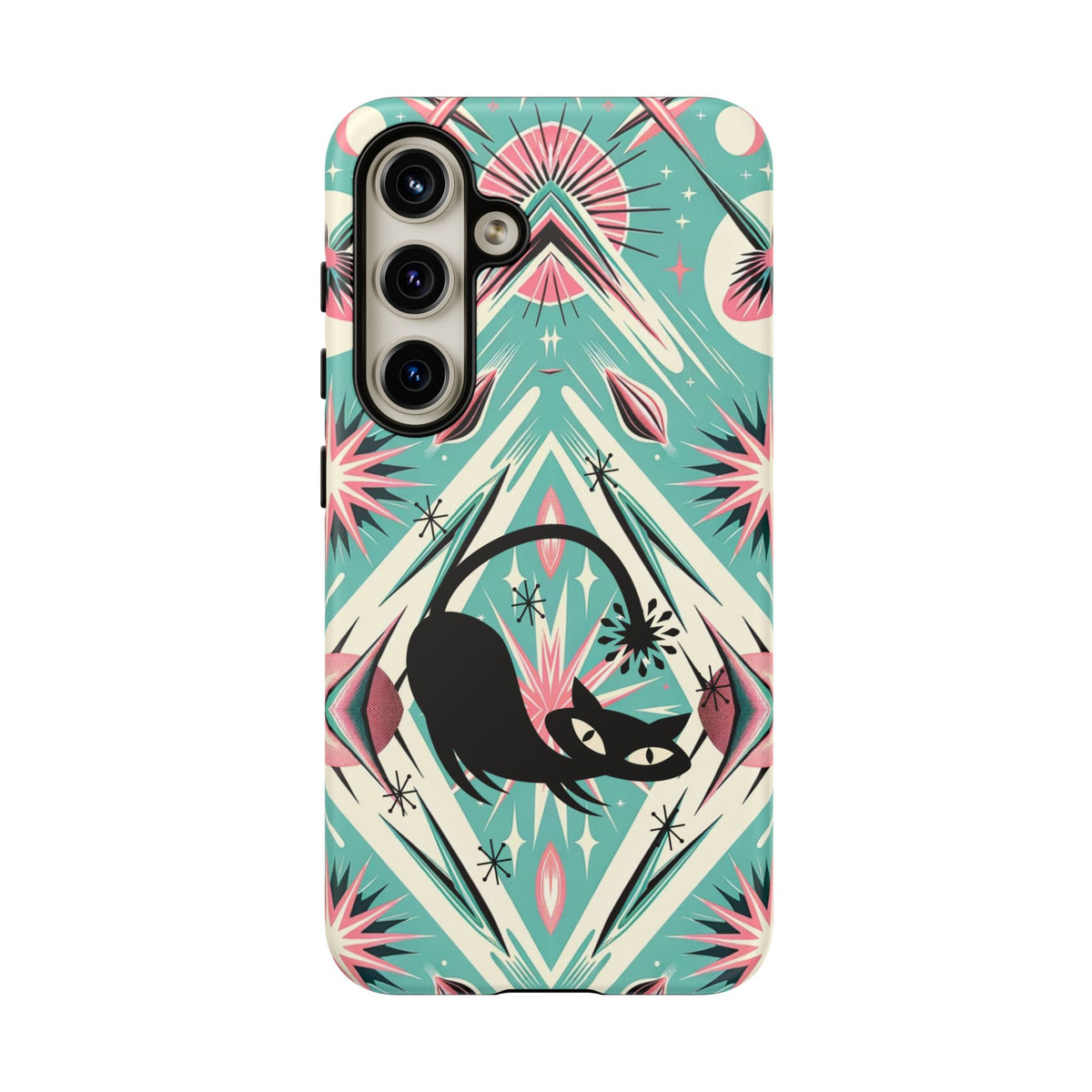 Atomic Cat, Mid Century Modern Aqua Blue, Pink, Starbursts Tough Phone Case