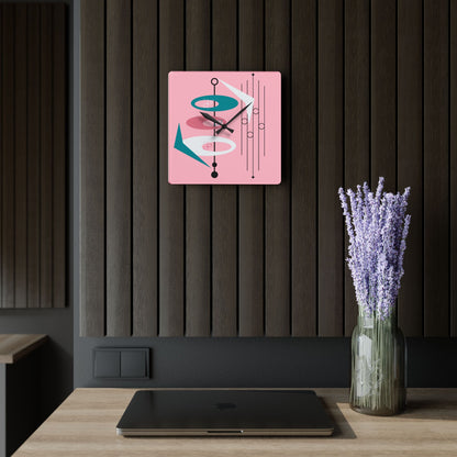 Atomic 50s Pink Mid Mod Wall Clock Retro Geometric Acrylic Wall Clock - Mid-Century Modern Decor - Mid Century Modern Gal