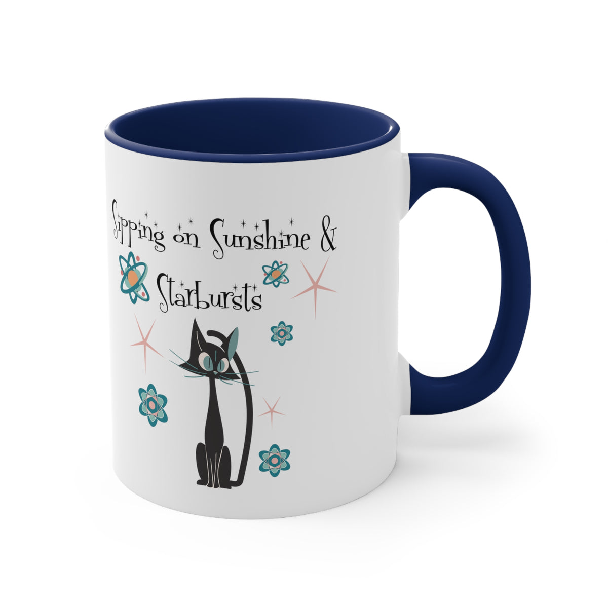 Atomic Cat Coffee Mug, Sipping On Sunshine, Mid Century Modern Style, Atoms, Starbursts Gifts For Couples, Mom, Mid Mod Friend - Mid Century Modern Gal