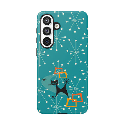 Atomic Space Cat, Starburst Blue, Retro Groovy Smart Phone Tough Phone Cases