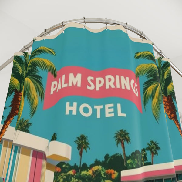 Vintage Palm Springs Hotel Flamingo, Atomic Kitschy Cats Shower Curtain – Retro Tropical Decor for Bathroom
