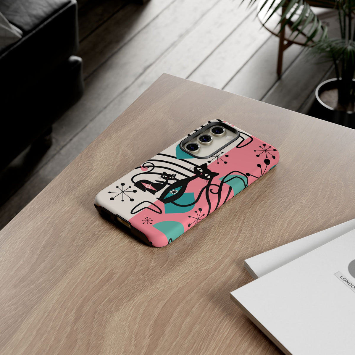 Mid Mod Atomic Cat Boomerang Starburst, Pink, Black Kitschy Stylish Cat Phone Case: Modern Design for Cat Lovers