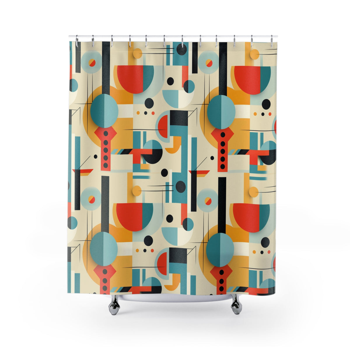 Mid Century Modern Bauhaus Style, Orange, Teal, Aqua Geometric Designed Shower Curtain - Mid Century Modern Gal