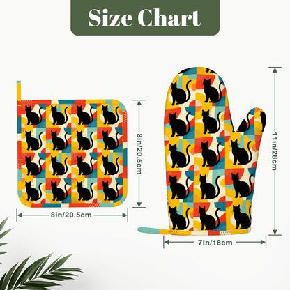 Pop Art Black Atomic Cats, Red Blue Yellow, Silicone Oven Mitts and Pot Holders Set (Left Hand) - Mid Century Modern Gal