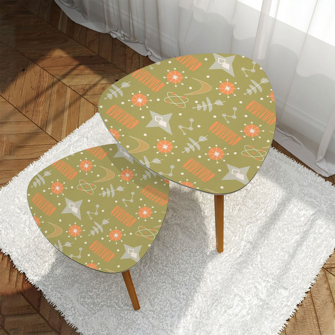 Atomic Starburst Green Orange Boomerang Space Age MCM Nesting Tables - Mid Century Modern Gal