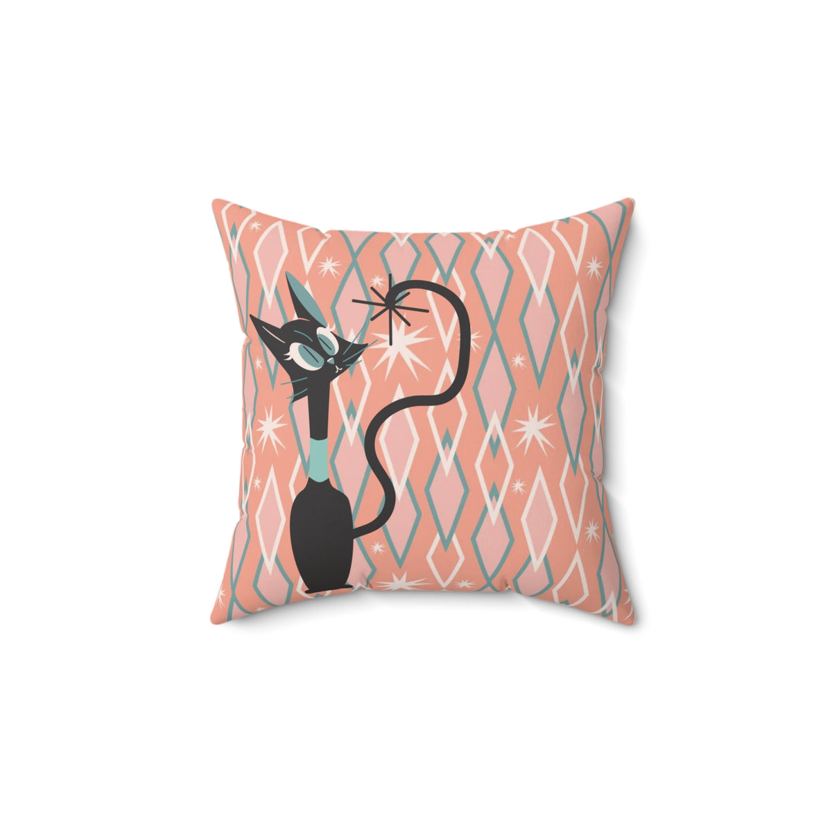 Atomic Cat, Quirky Kitsch Mid Century Modern Diamond Pattern Pillow And Insert - Mid Century Modern Gal