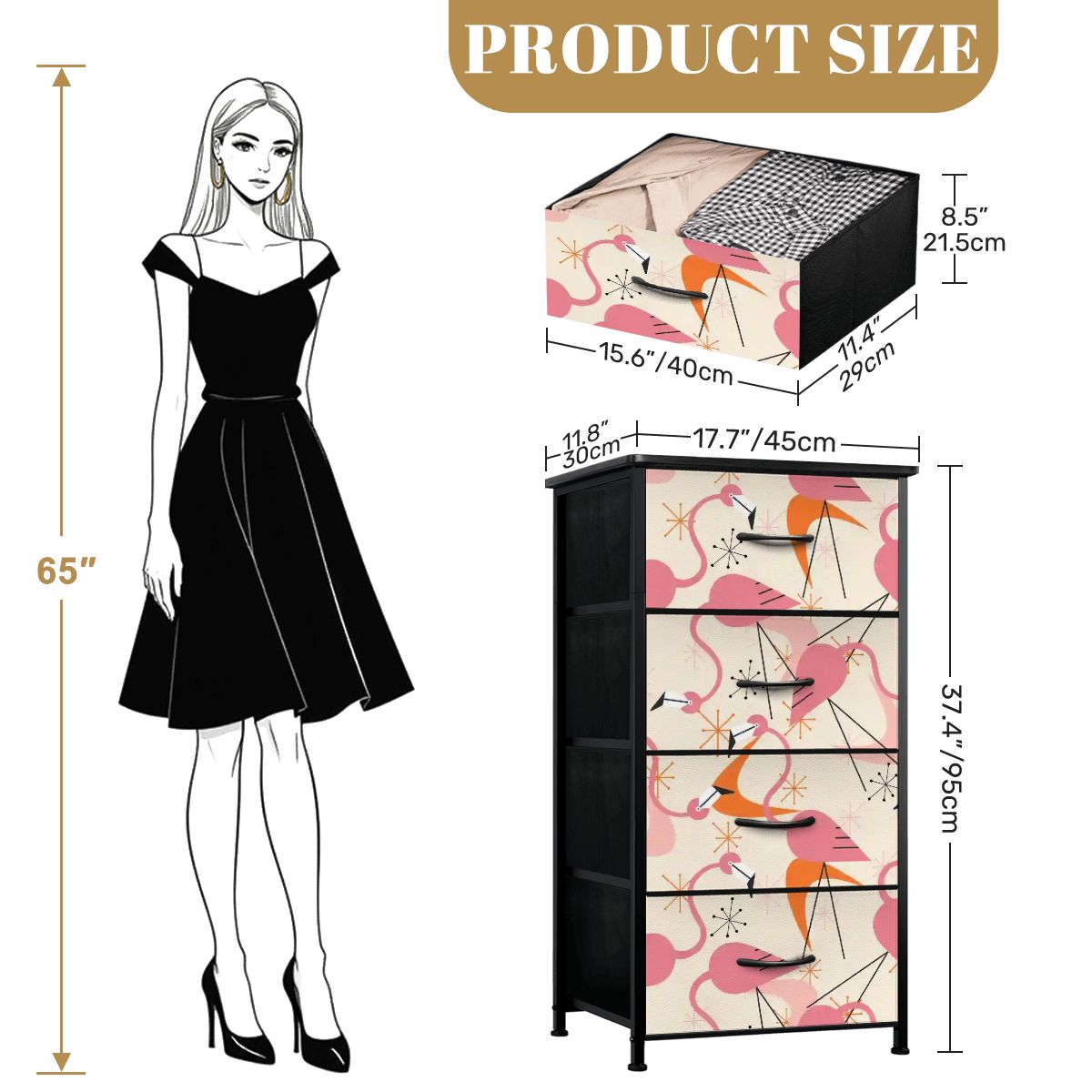 Retro Flamingo Dance Party, Kitschy Quirky Palm Spring California Tropical Flamingo 4-Drawer Dresser - Mid Century Modern Gal