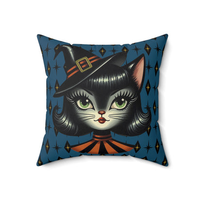 Vintage Halloween Black Cat Sexy Sexton Mid Century Modern Blue Pillow Cover and Insert - Mid Century Modern Gal