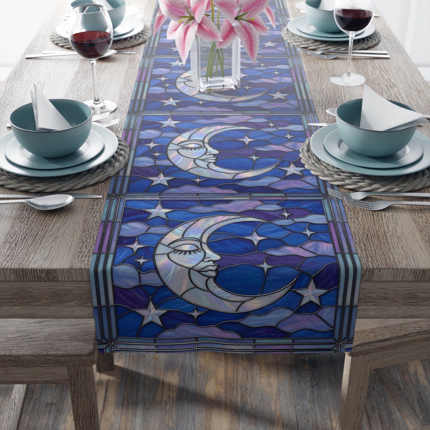 Halloween Stained Glass Style Night Sky Moon Stars Clouds Table Runner - Mid Century Modern Gal