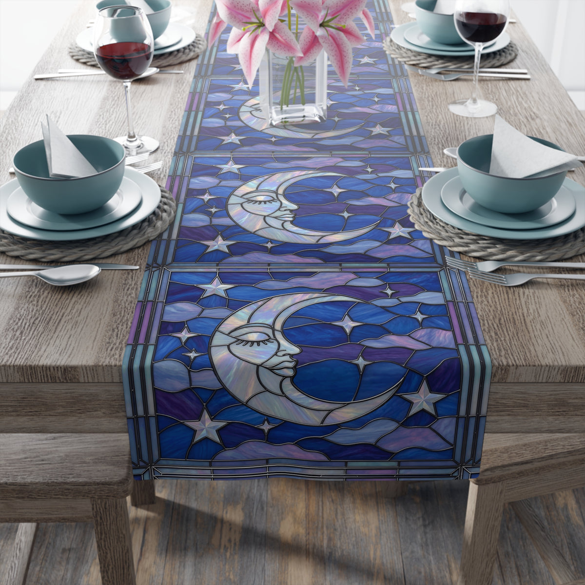 Halloween Stained Glass Style Night Sky Moon Stars Clouds Table Runner - Mid Century Modern Gal