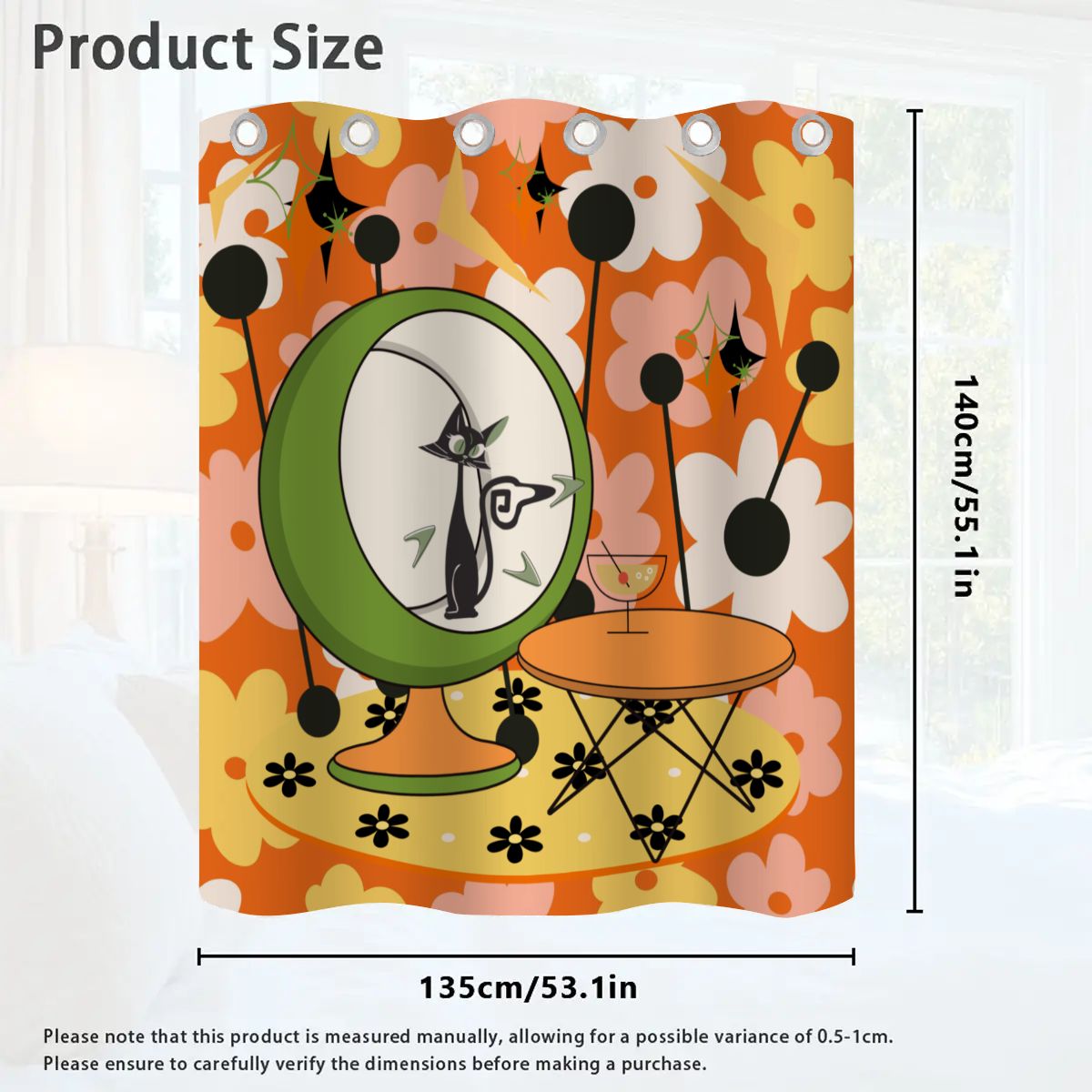 Retro Flower Power Pop Of Orange, Fun Funky Atomic Cat In Egg Chair Blackout Curtains 2 pcs - Mid Century Modern Gal